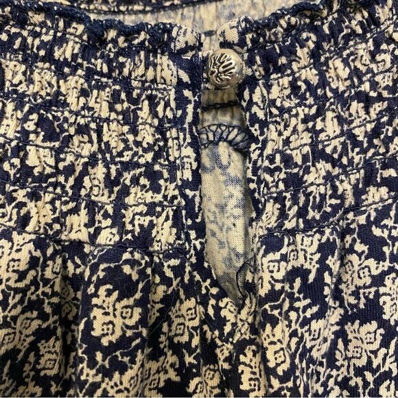 Lucky Brand boho white black print smocked cotton short sleeve blouse top-S - Picture 4 of 9